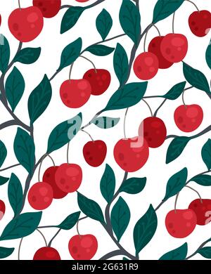 Seamless flat texture with cherries on branches with foliage on a white background. Cartoon pattern with berries. Drawn wallpaper with ripe fruits and Stock Vector