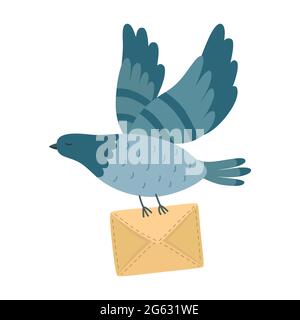 Flying post pigeon with a letter isolated on background. Stock Vector