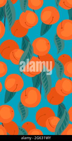 Seamless flat texture with peaches on branches with foliage on a blue background. Cartoon pattern with fruits. Hand-drawn wallpaper with berries. Vect Stock Vector