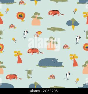 Seamless Pattern with Wild Jungle Animals on Blue Background Stock Vector