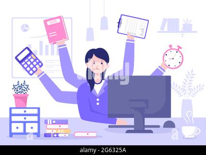 Multitasking Business Woman Or Office Worker as Secretary Surrounded By  Hands With Holding Every Job In The Workplace. Vector Illustration Stock  Vector Image & Art - Alamy
