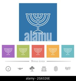 Menorah flat white icons in square backgrounds. 6 bonus icons included. Stock Vector
