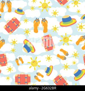 Cute vector travel seamless pattern background with kawaii sun, suitcases, flip flops, hats Fun repeat with colorful vacation icons on cloud textured Stock Vector