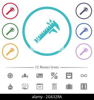 Caliper flat color icons in circle shape outlines. 12 bonus icons included. Stock Vector
