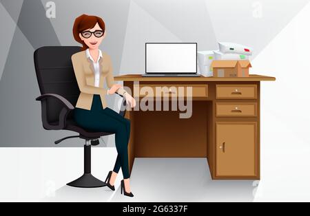 Businesswoman boss in office vector design. Business woman character sitting in workplace chair with desk and laptop work elements for female manager. Stock Vector