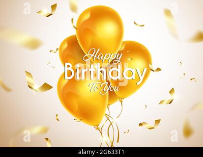 Birthday balloons vector banner design. Happy birthday to you text in gold balloon and confetti background with blurred effects for birth day. Stock Vector