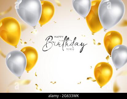 Happy birthday vector banner background. Happy birthday to you greeting text with surprise party elements like balloons and confetti for birth day. Stock Vector