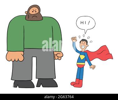 Cartoon criminal man is too big and the superhero is afraid of him, vector illustration. Colored and black outlines. Stock Vector