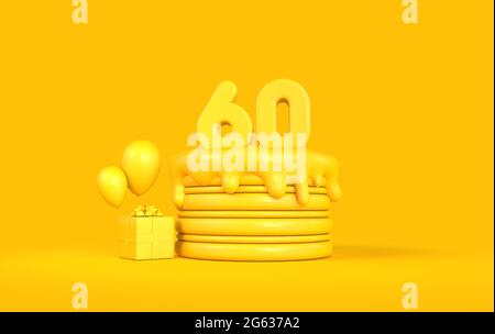 Happy 60th Birthday celebration cake with present and balloons. 3D Rendering Stock Photo