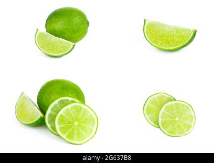 Fresh green juicy limes, lime slices, ice and mint leaves set isolated on white background. Stock Photo