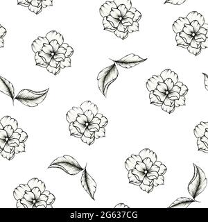 Beautiful black and white botanic seamless pattern with hand drawn flowers and leaves isolated on white, graphic sketch illustration for wedding Stock Photo