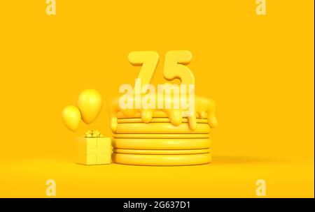 Happy 75th Birthday celebration cake with present and balloons. 3D Rendering Stock Photo