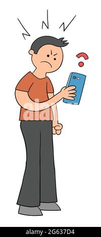 Cartoon wifi connection is very weak and man gets angry, vector illustration. Colored and black outlines. Stock Vector