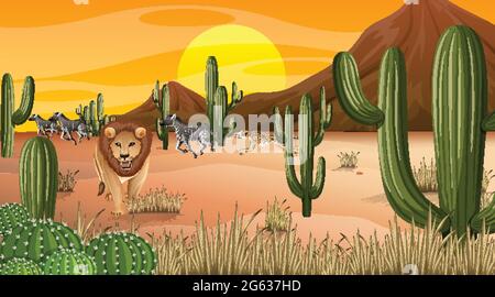 Desert forest landscape at sunset time scene with wild animals ...