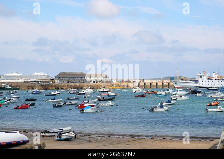 Boats moored in Hugh Town harbour, St Mary's, Isles of Scilly, Cornwall, UK Stock Photo