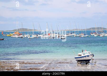 Boats moored in Hugh Town harbour, St Mary's, Isles of Scilly, Cornwall, UK Stock Photo