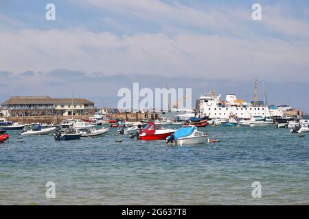 Boats moored in Hugh Town harbour, St Mary's, Isles of Scilly, Cornwall, UK Stock Photo