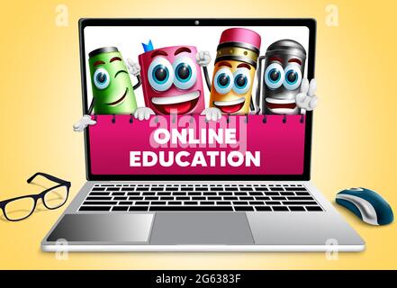 Online education vector design. Online education text in laptop screen with school supplies characters like book and pencil for home study e-learning. Stock Vector