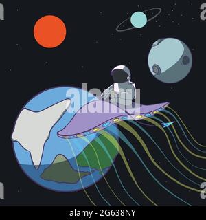 tea break travelling space to earth Stock Vector