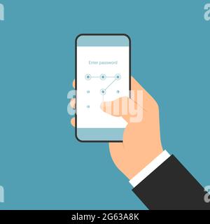 Flat design illustration of a manager's hand holding a smartphone with a login screen and entering a graphic passcode - vector Stock Vector