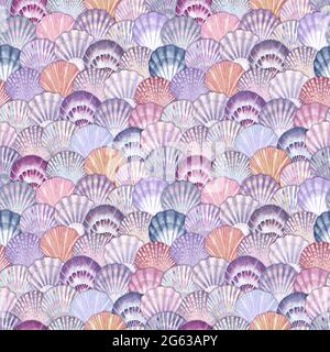 Watercolor sea shell seamless pattern. Hand drawn seashells texture ...