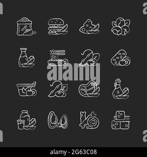 Soy foods chalk white icons set on dark background Stock Vector
