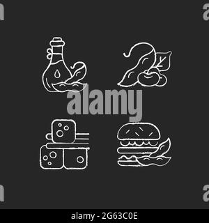 Soybeans cooking chalk white icons set on dark background Stock Vector
