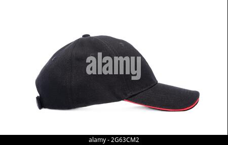 Dark baseball cap with red visor isolated on white background Stock Photo