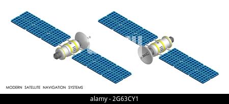 Isometric Satellite with open solar panels fly and transmit communication signal. Satellite communication and GPS navigation. Realistic 3D vector Stock Vector