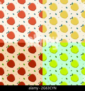 set of seamless patterns with Sweet apple for breakfast. Collecting autumn harvest of fruits. Ornament for decoration and printing on fabric. Design e Stock Vector