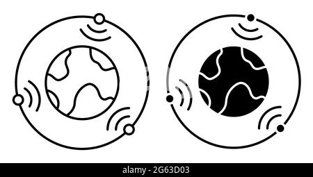 Linear icon. Satellites fly in orbit around planet Earth and transmit communication signal. Satellite communication and GPS navigation. Simple black a Stock Vector