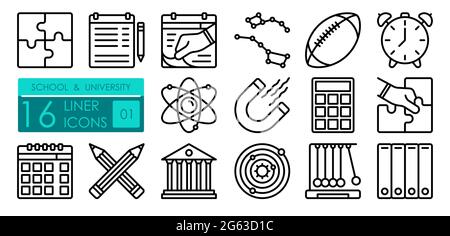 university linear icons set. Structure of atom, calculator. Physical education lessons, astronomy. Sports activities, lesson schedule. Simple black an Stock Vector