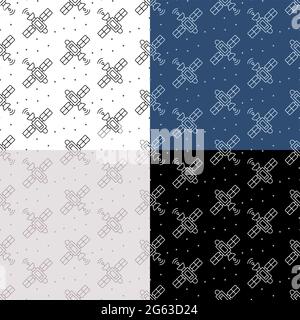 set of seamless patterns with Satellite fly and transmit communication signal. Ornament for decoration and printing on fabric. Design element. Vector Stock Vector