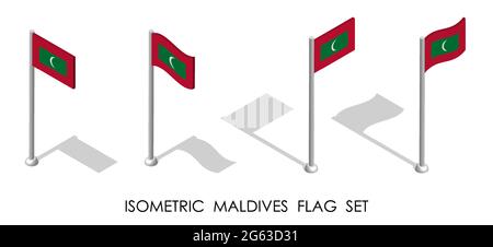 isometric flag of Maldives in static position and in motion on flagpole. 3d vector Stock Vector