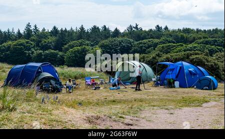 Yellowcraig Beach East Lothian Scotland United Kingdom 2nd July 2021 People Have Pitched A Group Of Tents In The Dunes Behind The Beach As The Yellowcraig Area Is A Site Of Special Scientific Interest And Part Of The John Muir Way Wild Camping Is Not