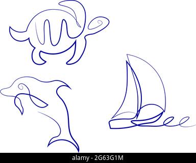 Drawing in single line style clip art with sea animals and sailboat Stock Vector