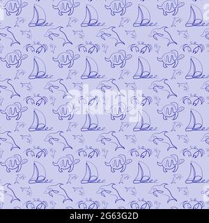 Drawing in single line style seamless pattern with sea animals and sailboat Stock Vector