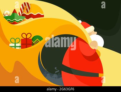 Banner with Santa Claus holding bag of toys. Placard design in abstract style. Stock Vector