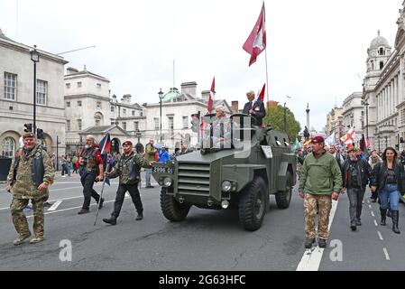 File photo dated 128/09/19 of demonstrators walking down Whitehall in London as part of a 'Rolling Thunder' protest in support of Soldier F who was being prosecuted for the murder of two men, James Wray and William McKinney, shot during a civil rights demonstration in Londonderry on Bloody Sunday in 1972. The prosecution of two former soldiers over three deaths during Northern Ireland's troubled past have been halted. Issue date: Friday July 2, 2021. Stock Photo