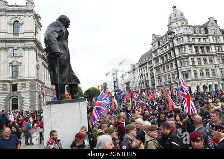 File photo dated 128/09/19 of demonstrators gathered in Parliament Square in London as part of a 'Rolling Thunder' protest in support of Soldier F who was being prosecuted for the murder of two men, James Wray and William McKinney, shot during a civil rights demonstration in Londonderry on Bloody Sunday in 1972. The prosecution of two former soldiers over three deaths during Northern Ireland's troubled past have been halted. Issue date: Friday July 2, 2021. Stock Photo