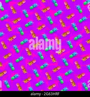 Creative pattern of colorful pine apples on bright purple background. Contemporary art design for device Stock Photo