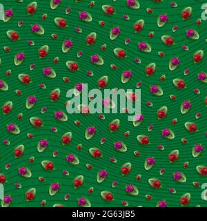 Creative pattern of colorful flowers on bright green background. Contemporary art, flat lay design Stock Photo