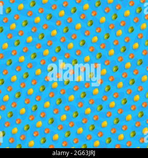 Bright colorful pattern of oranges and lemon on bright blue background. Contemporary art, flat lay design Stock Photo