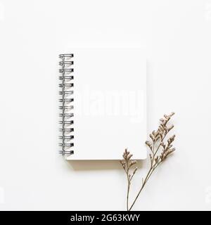 Open notebook with dry flowers on white background. top view, copy space Stock Photo