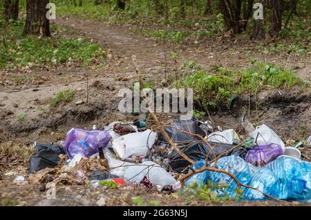 Big garbage bag in the woods. Picking up trash in the forest Stock Photo by  GalinkaZhi