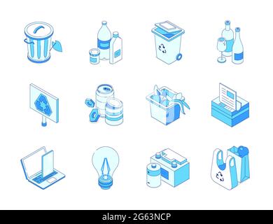 Waste sorting - modern colorful isometric icons set. Bin, plastic bottles, recycling container, glass, banner, tin, organic, batteries, electronics, b Stock Vector