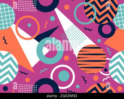 80s geometric seamless pattern with memphis elements. Trendy retro background for printing on paper, advertising materials and fabric. Vector illustra Stock Vector
