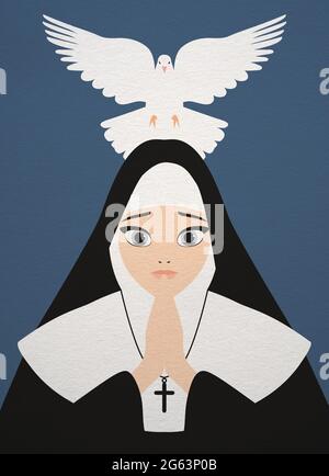 Illustration of a beautiful catholic nun praying with a white dove representing the holy ghost flying over her head Stock Photo