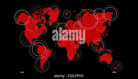 Red world map with radiating white concentric circles over territories on blue background Stock Photo