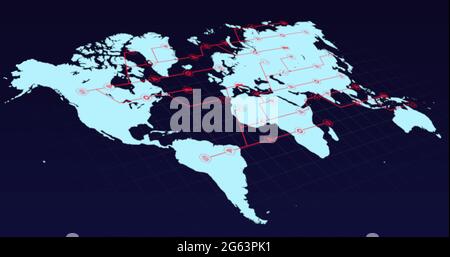 Blue world map with growing red network of connected icons on black background Stock Photo